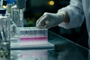 A researcher performs an electrophoresis test, carefully loading samples into the gel and analyzing results The setting, Generative AI