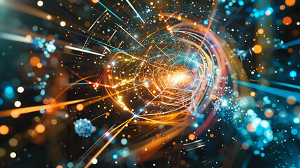 Obraz premium Detailed image of the Higgs boson field interacting with various subatomic particles in a particle collider