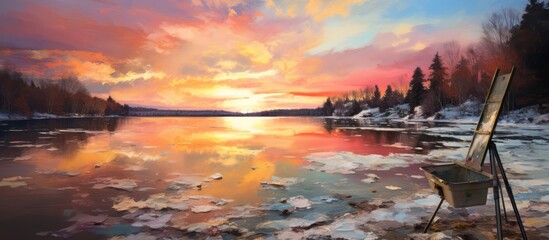 Canvas on the edge of an icy lake, paint splattered around it with a sunset in the background.