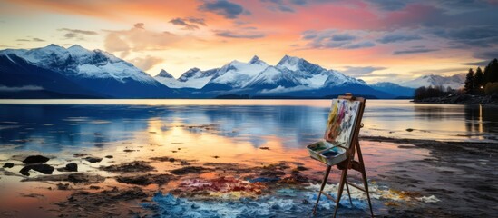Canvas on the edge of an icy lake, paint splattered around it with a sunset in the background.