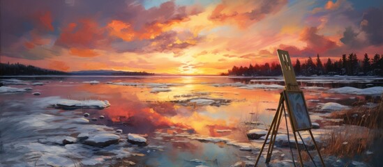 Canvas on the edge of an icy lake, paint splattered around it with a sunset in the background.