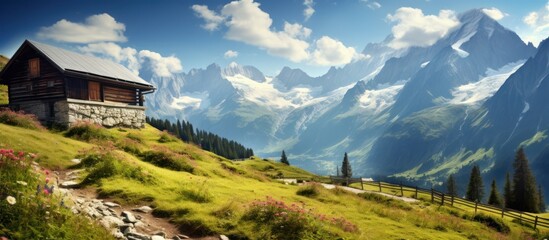 Beautiful summer landscape with wooden cabin with mountain background, high definition photography.