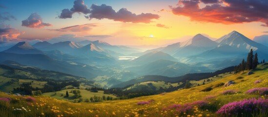 Beautiful summer landscape with wooden cabin with mountain background, high definition photography.