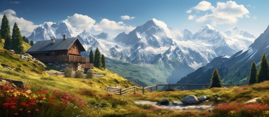 Beautiful summer landscape with wooden cabin with mountain background, high definition photography.