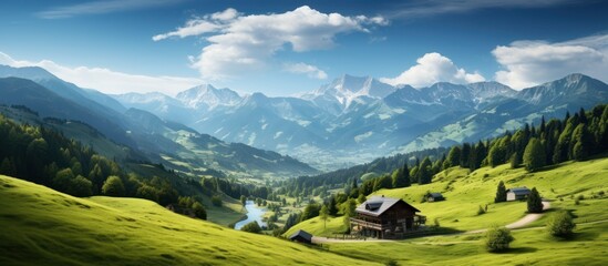Beautiful summer landscape with wooden cabin with mountain background, high definition photography.
