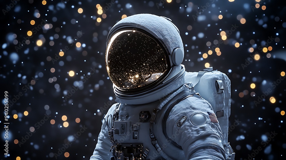 Poster astronaut in space: a close-up view of a white spacesuit against a dark nebula background