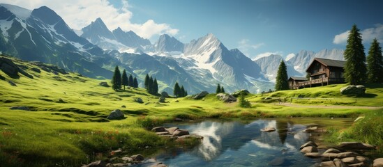 Beautiful summer landscape with wooden cabin with mountain background, high definition photography.