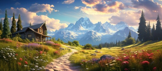 Beautiful summer landscape with wooden cabin with mountain background, high definition photography.