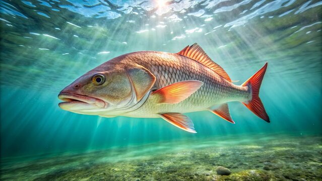 Red drum fish swimming in clear water , red drum, fish, underwater, wildlife, marine life, ocean, saltwater, shallow, water, fins