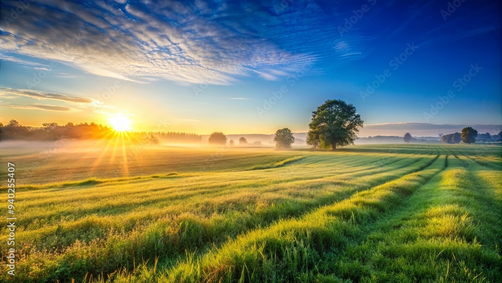 Sticker A picturesque field at sunrise with a clear blue sky in the background, field, sunrise, blue sky, nature, tranquil, beautiful