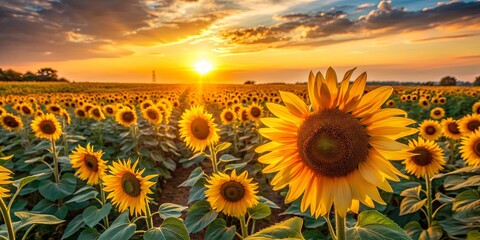 Fototapeta premium Sunflowers glowing under the setting sun in a vast field, sunflowers, field, sunset, evening, nature, beauty, vibrant