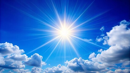 Vibrant image of a bright sun shining in a clear blue sky, sun, sunny, sunlight, summer, clear, sky, sunlight, shine, bright