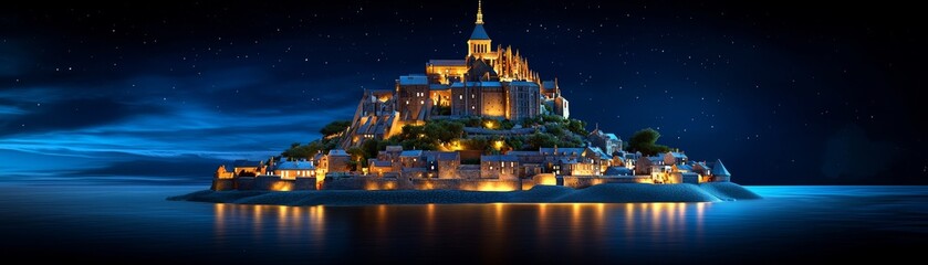 Obraz premium A 3D Mont Saint-Michel with soft lighting, representing the mystical charm of French history.