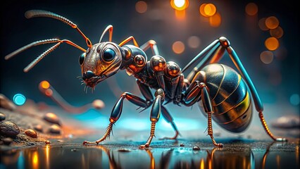 Close up of a cyberpunk ant, technology, futuristic, insect, robotic, neon, science fiction