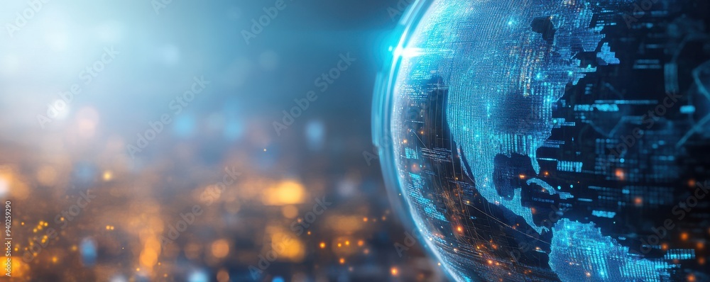 Poster a futuristic digital globe showcasing interconnected networks and glowing lights, symbolizing global