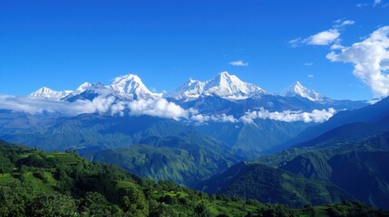 Breathtaking summer landscape with snow-capped mountains, perfect for capturing the majesty of alpine environments.