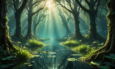 a tranquil undersea setting with beams of sunlight illuminating a forest of tall, green aquatic vegetation swaying in the current