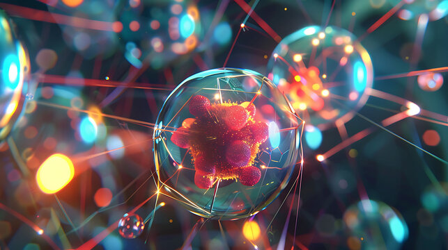 Detailed scene of atomic particles and their interactions in a particle physics lab