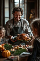 Fototapeta premium A joyful family gathers for Thanksgiving dinner, as a man presents a roasted turkey