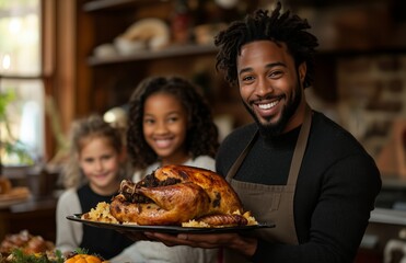 Obraz premium A joyful family gathers for Thanksgiving dinner, as a man presents a roasted turkey