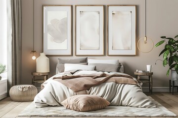 Modern bedroom with interior design. Interior Mockups design, cozy bedding, plants, minimalist design, neutral colors, wall art. Luxury interior design. wall art mockups. Office interior frame