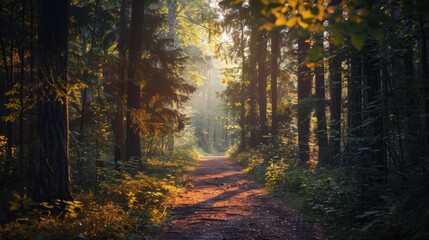 Fototapeta premium Path through the forest in the morning. Autumn landscape at Sunset.
