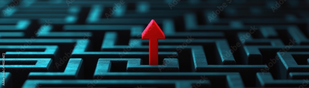 Poster an abstract image showcasing a red arrow emerging from a complex maze, symbolizing direction and pro