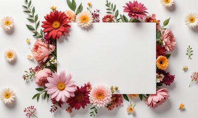A vertical top view of a blank card surrounded by abstract organic flowers and blooming florals on a white background..