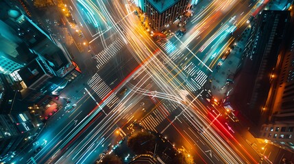 A view of a busy intersection in the city at night, with car headlights and taillights forming streaks of light due to long exposure, conveying the fast pace of city life. 8k UHD, suitable for 
