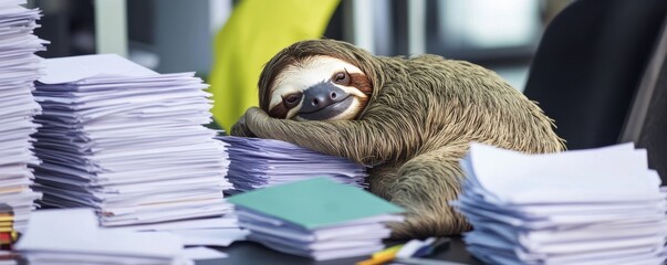 A relaxed sloth resting on paperwork, embodying a laid-back attitude amidst a busy office environment.
