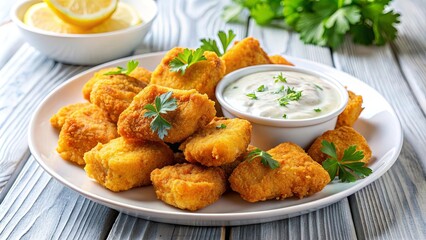 Crispy fried fish fillet nuggets with tartar sauce on a white plate, fried, fish, fillet, nuggets, crispy, tartar sauce