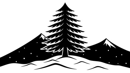 Pine Tree on Snowy Mountain: Detailed Winter Landscape Illustration