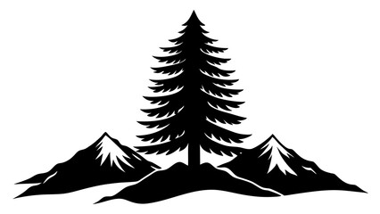 Winter Mountain Scene with Pine Tree: Black and White Silhouette