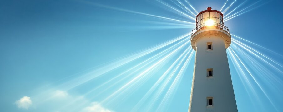 lighthouse stands tall against a bright blue sky, radiating beams of light, symbolizing guidance and safety.
