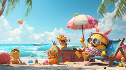 A group of cartoon characters are relaxing on a beach.