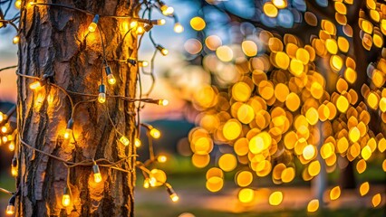 Blurred bokeh light on sunset with yellow string lights decor in tree , sunset, bokeh, blurred, lights, yellow, string lights