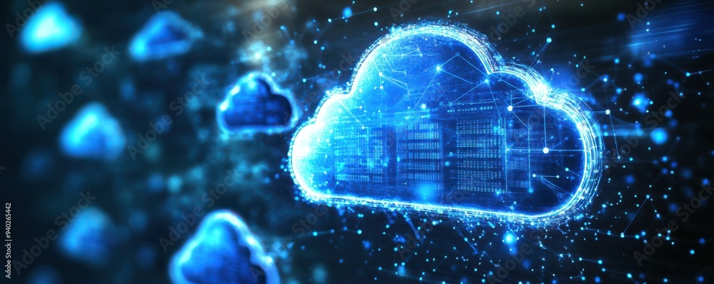 Aufkleber abstract digital cloud technology concept with glowing blue elements and data storage imagery for te