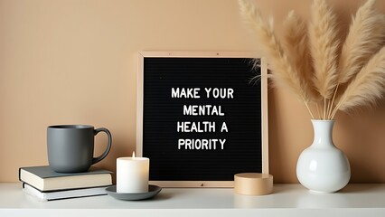 Make your mental health a priority motivational quote on the letter board. Inspiration psycological text