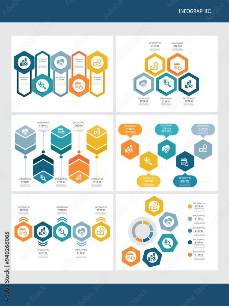 Wall mural set of hexagon infographics timeline business workflow report background with business icon 5 steps