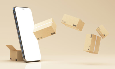online shopping ,cardboard box or parcel box with carton box on smartphone screen or mobile phone for delivery concept, 3d render isolated on white background for advertising