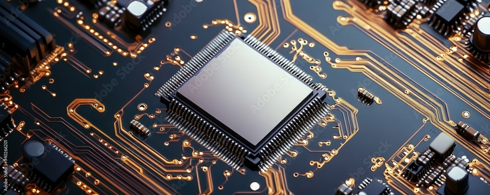 Poster microchip on a printed circuit board, showcasing intricate designs and electronic components in deta