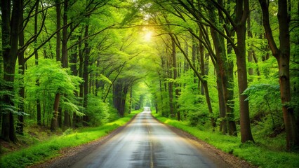 Fototapeta premium Scenic forest road with lush green trees on both sides, winding, road, forest, trees, lush, green, scenic, route