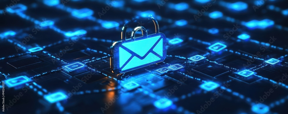 Poster digital illustration of a secure email symbol with a padlock, representing cybersecurity and data pr
