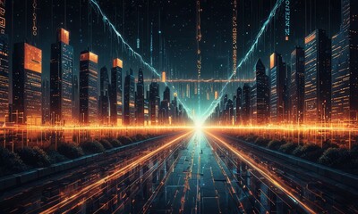 an artistic representation of modern life where vibrant night lights merge seamlessly into strings of digital binary code or programming scripts
