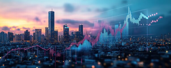 Dynamic city skyline at sunset with financial graphs illustrating growth and trends, symbolizing economic success and investment.