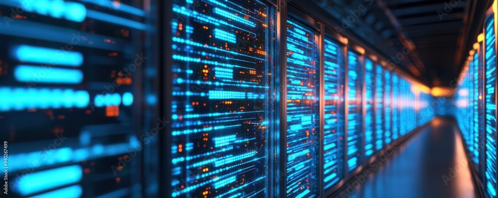 Poster futuristic data center with glowing servers and vibrant blue light. ideal for technology and digital