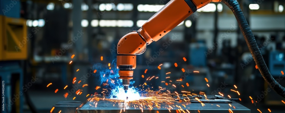 Poster industrial robot performing welding in a factory, creating sparks and showcasing advanced automation