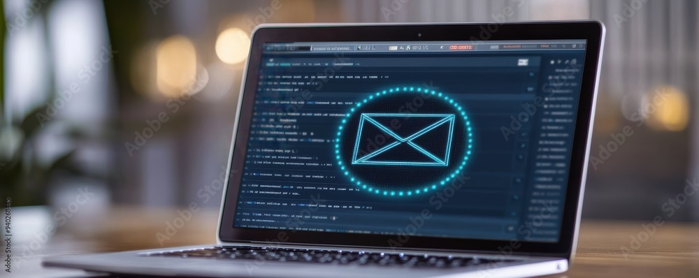 Poster laptop displaying code with an email icon, representing technology, communication, and digital messa