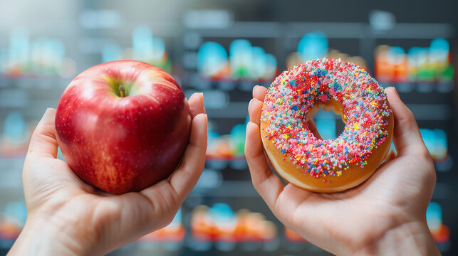 Hands Holding an Apple and a Sprinkled Donut Representing Healthy and Unhealthy Food Choices..