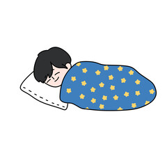 A cartoon boy is sleeping with a blue blanket and a pillow